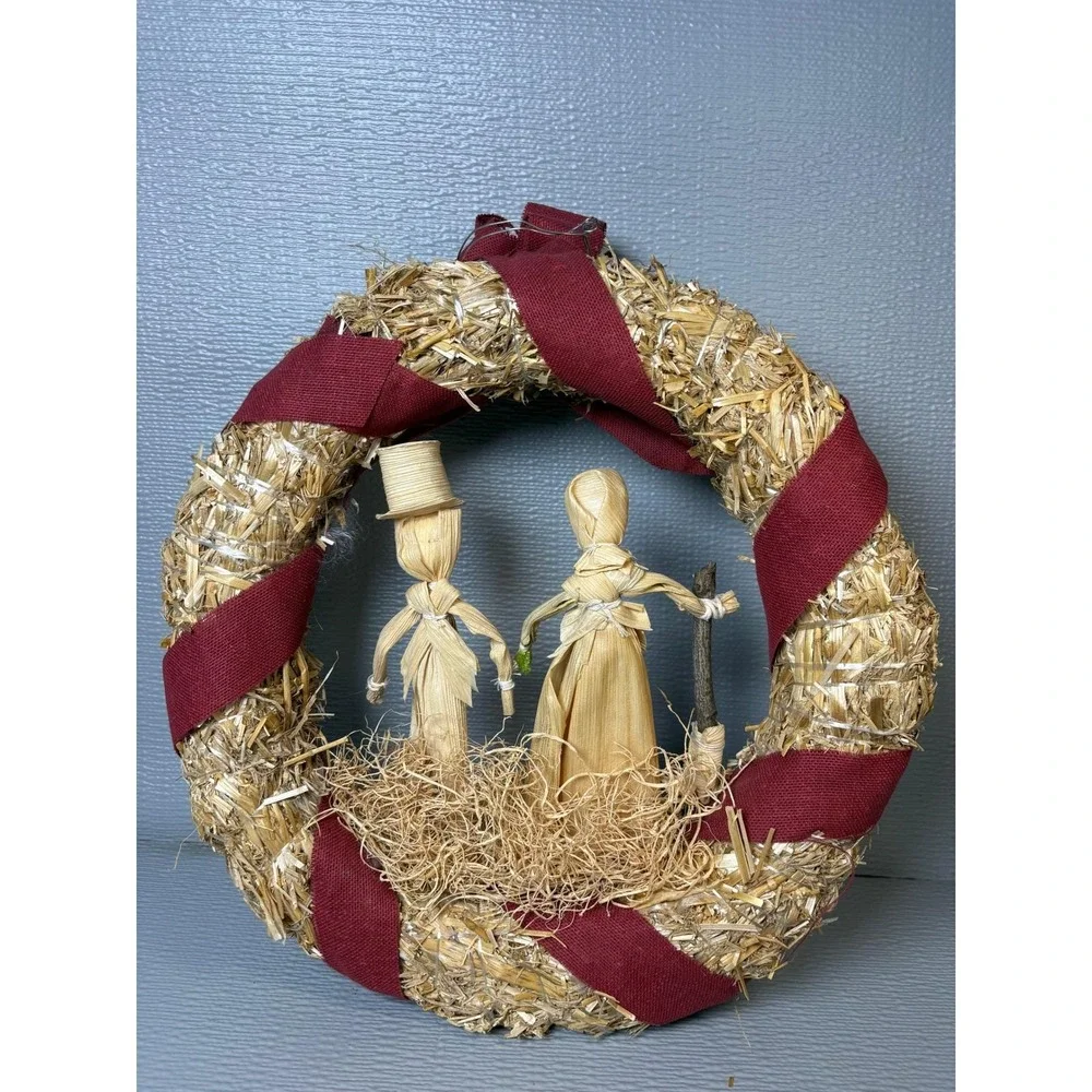 Vintage‎ Corn Husk Doll Straw Wreath Harvest Fall Decor Burgundy Ribbon 12 Inch